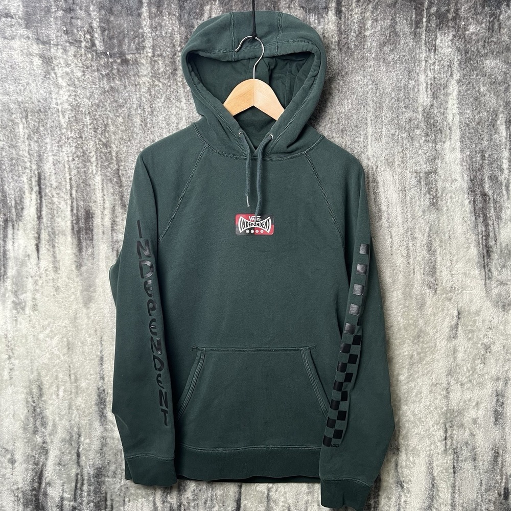 Y2K Vans Independent Hoodie Mens L Green Pullover Fleece Checker Sleeves Logo